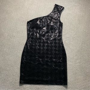 Forever 21 Black Mini Sequin Check Square One Shoulder Dress Womens Medium